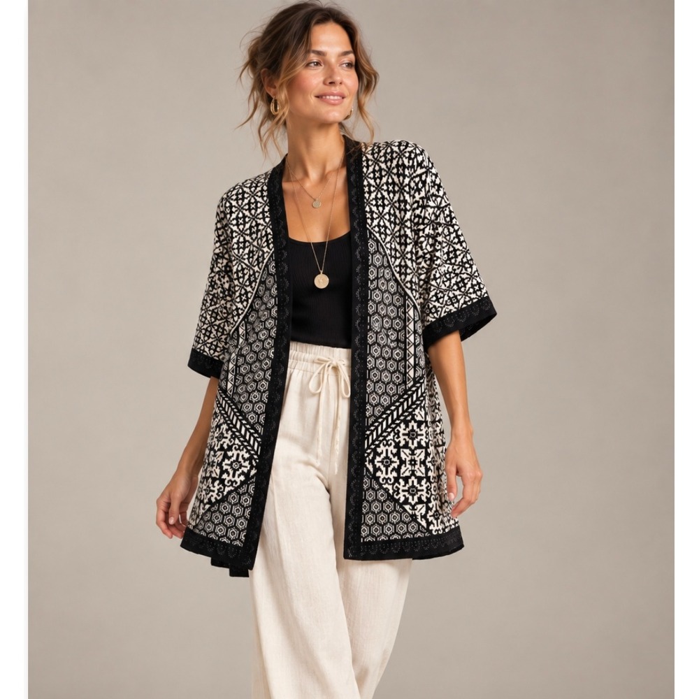 Atmosphere Cardigan S/M Black White Geometric Tribal Open Front Knit Sweater
